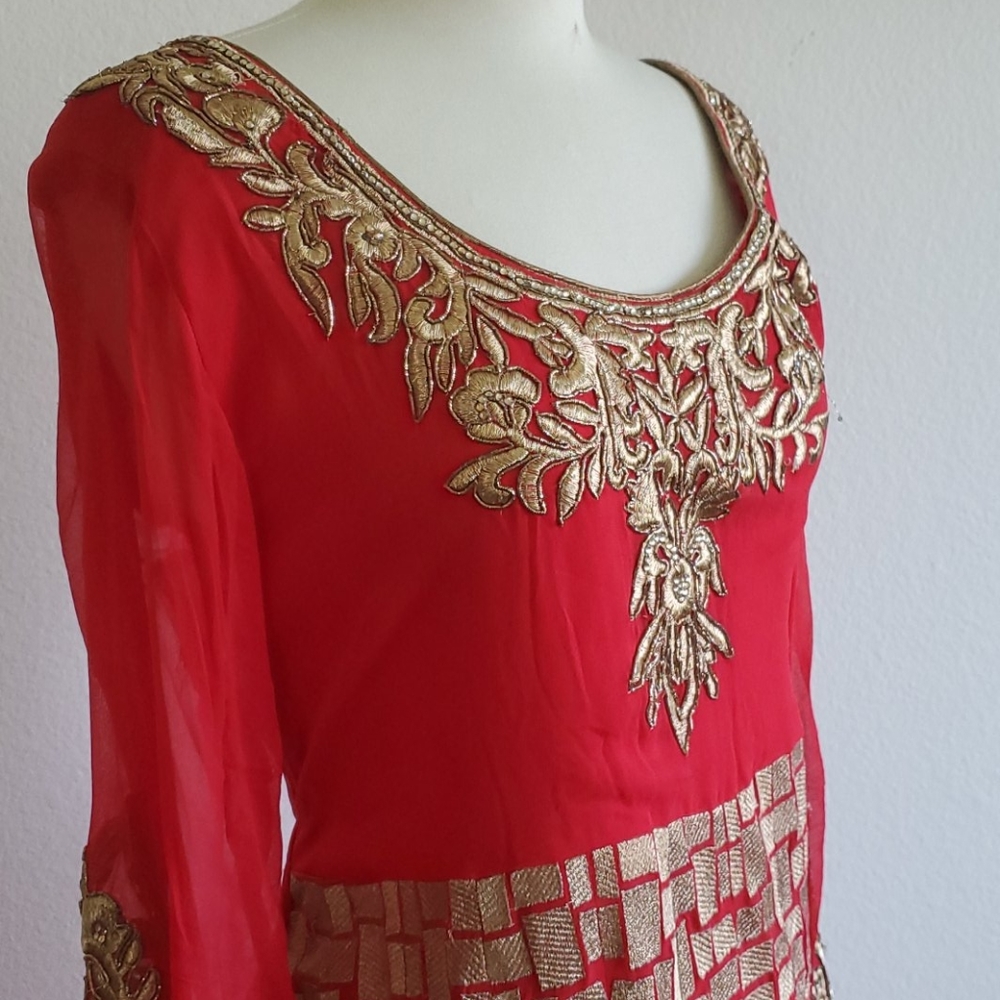 Gold and Red Anarkali Bollywood Dress